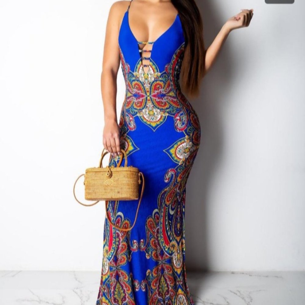 Retro Print Cutout Crisscross Backless Maxi Dress